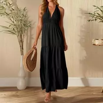 Женское модное сексуальное платье с V-образным вырезом, без рукавов, однотонное, для вечеринки L чёрный