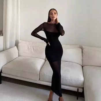 Женское модное сексуальное платье с круглым вырезом и длинным рукавом из сетчатой марли, перспективное утягивающее платье S чёрный