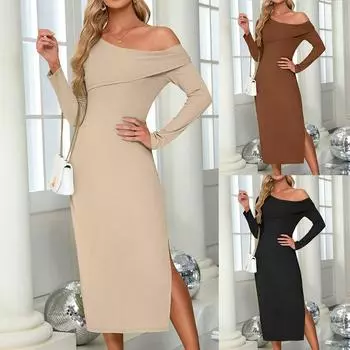 Женское модное сексуальное платье с косыми плечами и ребристым трикотажем, с разрезом и длинным рукавом, с запахом и бедрами L бежевый