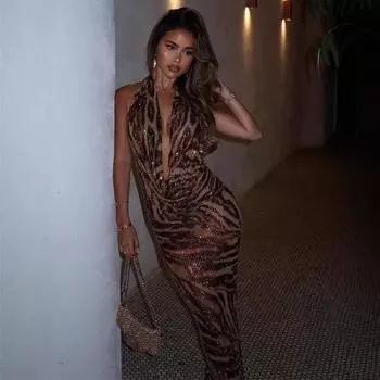 Женское модное сексуальное платье с V-образным вырезом и бретельками через шею, классическое платье с леопардовым принтом и пайетками S цветной печати леопарда