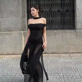 Женское модное сексуальное платье Spice Mesh Perspective Slim-fit с разрезом на одной линии плеча S чёрный