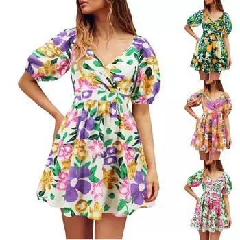 Женское модное сексуальное пляжное платье с коротким рукавом с v-образным вырезом и принтом L зелёный