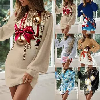 Женское модное сексуальное рождественское платье с длинным рукавом и принтом