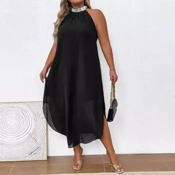 Женское модное сексуальное шелковое шифоновое платье без рукавов с круглым вырезом 0XL чёрный