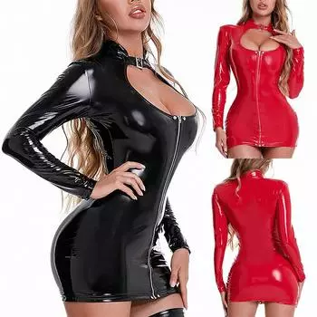 Женское модное сексуальное тонкое платье из лакированной кожи, облегающее мини-платье для ночного клуба M красный