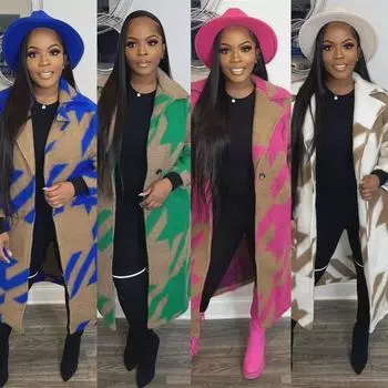 Женское модное шерстяное пальто 2025 года: Разноцветный, с длинным рукавом, с лацканами, в европейском и американском стиле на осень Extra Large