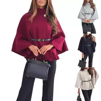 Женское модное шерстяное пальто-накидка с завязкой на талии L хаки