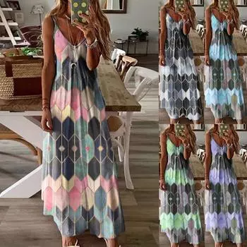 Женское модное шикарное платье макси с принтом Argyle на бретельках Летняя пляжная одежда Платье для отпуска Платье без рукавов Платье на бретельках Длинное платье S зелёный