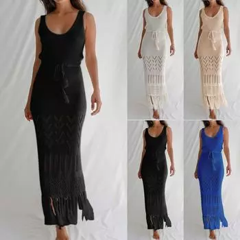 Женское модное солнцезащитное пляжное платье с вырезом на завязках и бахромой, бикини, купальник, длинная юбка XL чёрный