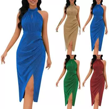 Женское модное сплошное цветное платье с воротником-стойкой, облегающее сексуальное платье с разрезом нерегулярной формы L синий