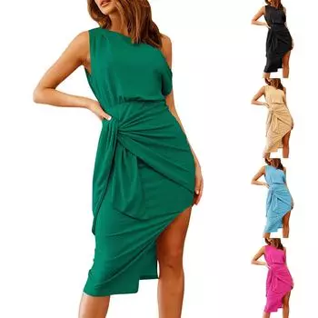 Женское модное сплошное цветное сексуальное платье с плечевым ремнем и обернутым бедром L чёрный