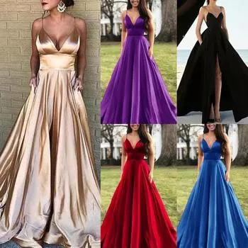 Женское модное сплошное цветное сексуальное вечернее платье без рукавов с v-образным вырезом на подтяжках XXXL чёрный