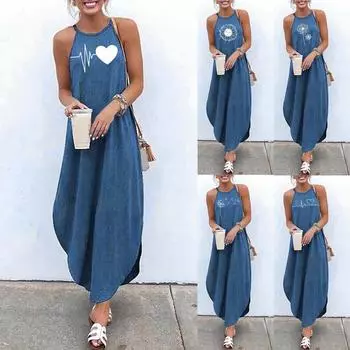 Женское модное среднее и длинное платье без рукавов на подтяжках с синим принтом для отдыха M синий