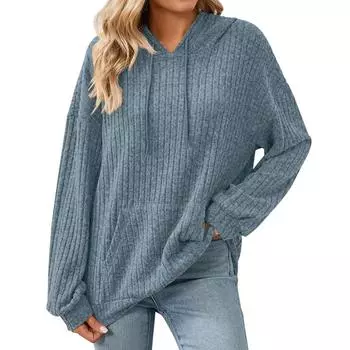 Женское модное свободное худи с капюшоном, длинными рукавами, карманом на кулиске, однотонный топ L синий