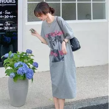 Женское модное свободное и повседневное прямое платье-футболка, летнее короткое длинное платье с буквенным принтом M серый