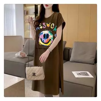 Женское модное свободное корейское платье-футболка, летнее платье Fat Mm с коротким рукавом выше колена, длинное повседневное платье с разрезом M коричневый