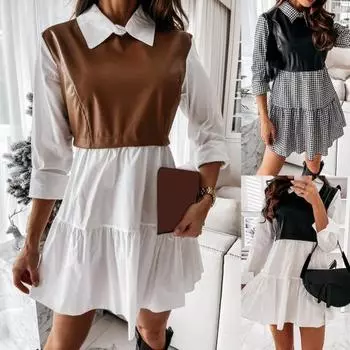 Женское модное свободное мини-платье в тон цветам с воротником-стойкой и длинными рукавами в стиле пэчворк L