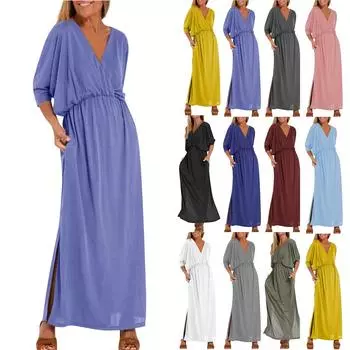 Женское модное свободное однотонное платье с высокой талией и треугольным вырезом L