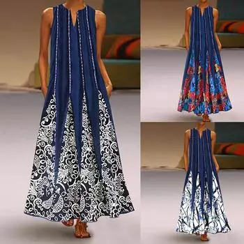 Женское модное свободное платье без рукавов в стиле ретро с V-образным вырезом и длинным принтом L чёрный