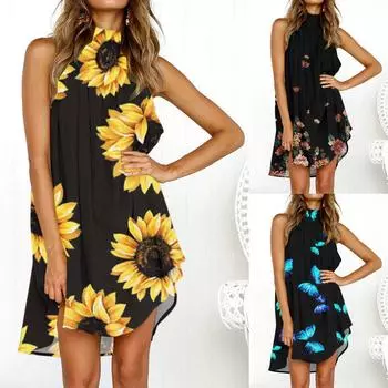 Женское модное свободное платье без рукавов со средней талией и принтом для отдыха S фиолетовый