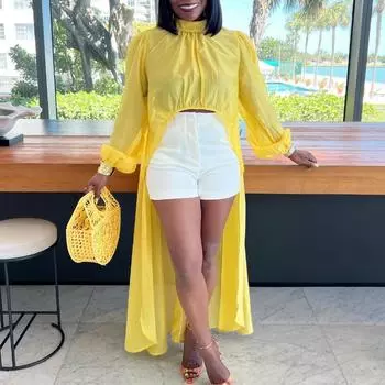 Женское модное свободное платье большого размера с однотонной сексуальной длинной юбкой S жёлтый