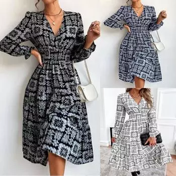 Женское модное свободное платье миди с v-образным вырезом и большой талией с пышными рукавами L чёрный