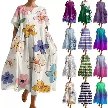 Женское модное свободное платье с большим карманом и круглым вырезом с градиентным принтом и короткими рукавами L