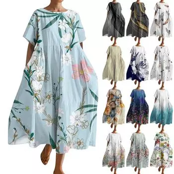 Женское модное свободное платье с большим карманом и круглым вырезом с градиентным принтом и короткими рукавами L бежевый