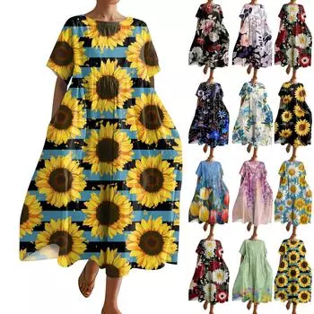 Женское модное свободное платье с большим карманом и круглым вырезом с градиентным принтом и короткими рукавами L чёрный