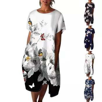 Женское модное свободное платье с круглым вырезом и рукавами три четверти с принтом L чёрный