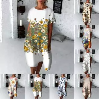 Женское модное свободное платье с круглым вырезом и рукавами три четверти с принтом L бежевый