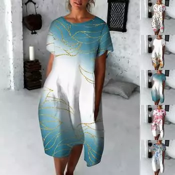 Женское модное свободное платье с круглым вырезом и рукавами три четверти с принтом L циан