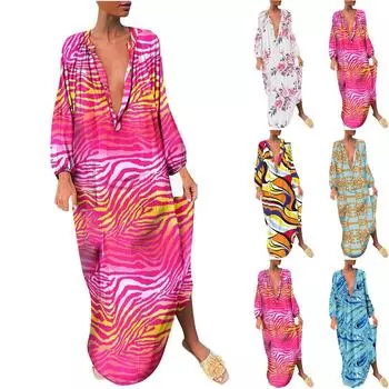 Женское модное свободное платье с v-образным вырезом и длинным рукавом XXL