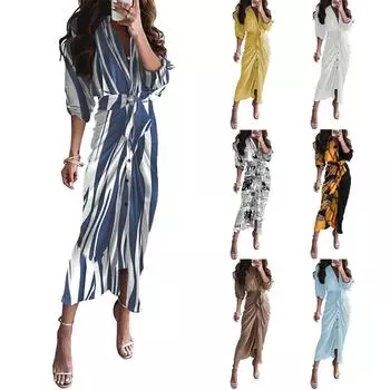 Женское модное свободное платье с v-образным вырезом и пуговицами на шнуровке и длиной до талии с рукавами L чёрный