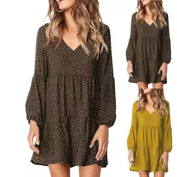 Женское модное свободное платье в горошек с длинным рукавом и v-образным вырезом M кофейный