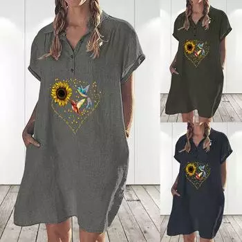 Женское модное свободное повседневное карманное платье с короткими рукавами и принтом XL чёрный