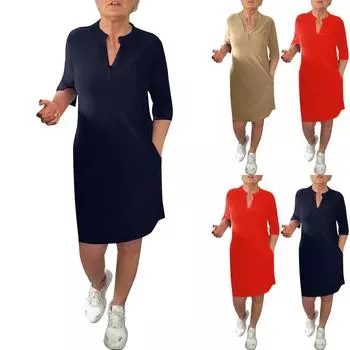 Женское модное свободное повседневное однотонное платье с V-образным вырезом и рукавами миди с карманами L темно-синий