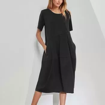 Женское модное свободное повседневное однотонное платье с короткими рукавами и карманами L чёрный