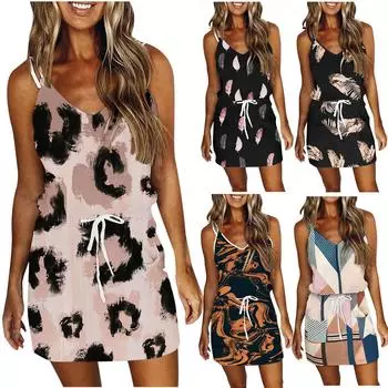 Женское модное свободное повседневное платье без рукавов с v-образным вырезом и принтом M чёрный