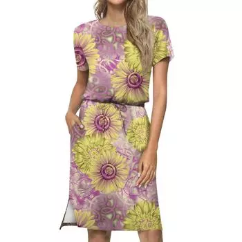 Женское модное свободное повседневное платье с короткими рукавами и карманами с принтом S жёлтый