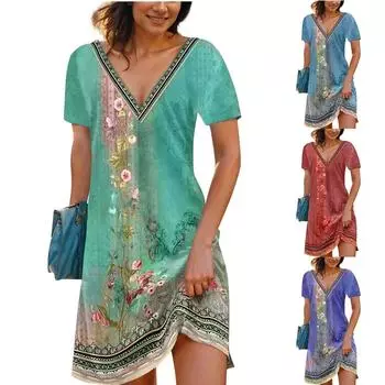 Женское модное свободное повседневное платье с v-образным вырезом в стиле ретро в этническом стиле XL зелёный