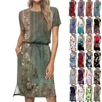 Женское модное свободное повседневное платье с короткими рукавами и карманами с принтом L армия зеленый