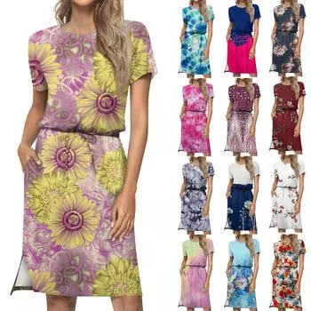 Женское модное свободное повседневное платье с короткими рукавами и карманами с принтом S жёлтый