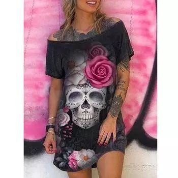 Женское модное свободное повседневное платье с короткими рукавами и принтом черепа с открытыми плечами, сексуальное мини-платье больших размеров L синий