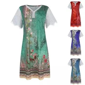 Женское модное свободное повседневное платье с v-образным вырезом в стиле ретро в этническом стиле XL зелёный