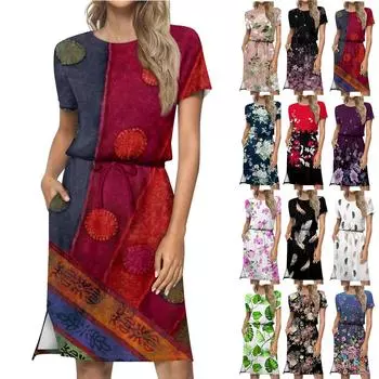 Женское модное свободное повседневное платье с короткими рукавами и карманами с принтом L чёрный