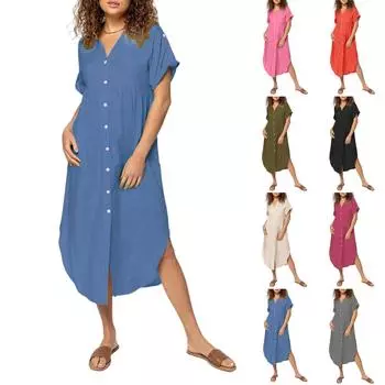 Женское модное свободное повседневное платье средней длины с пуговицами L армия зеленый