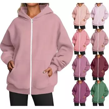 Женское модное свободное повседневное повседневное однотонное пальто с капюшоном и молнией с длинными рукавами XL арбуз красный