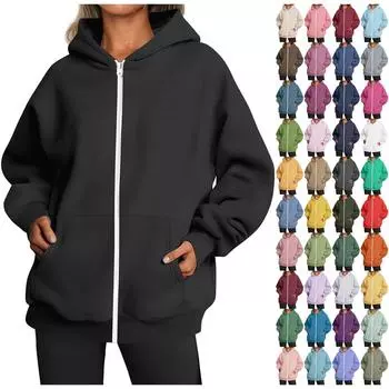 Женское модное свободное повседневное повседневное однотонное пальто с капюшоном и молнией с длинными рукавами M чёрный