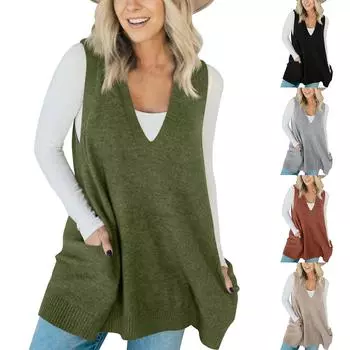 Женское модное свободное шерстяное трикотажное платье-жилет повседневные однотонные платья с карманами XL чёрный